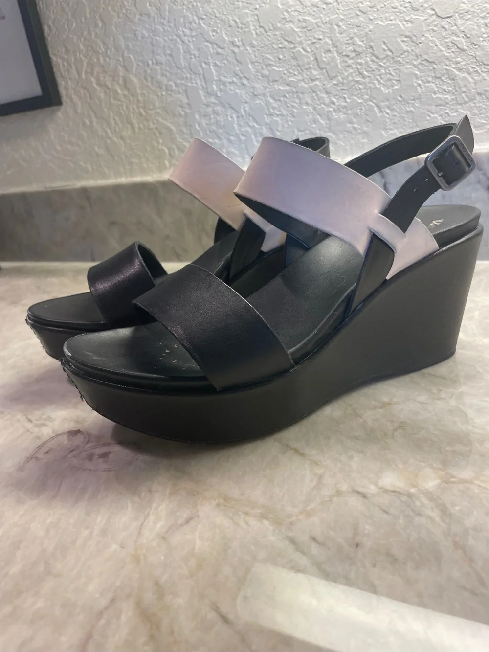 Kork-ease Women's Black and Light Creme Wedge Sandals